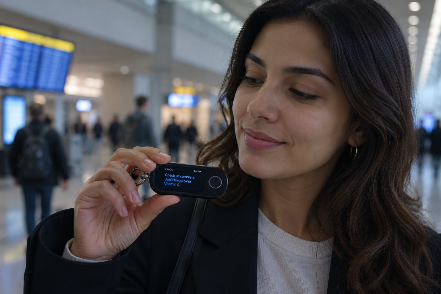 Woman at an airport checking a Kyven reminder to take her Vitamin C after check-in