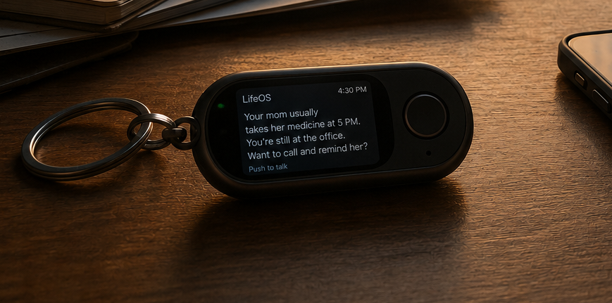 Kyven keychain device on a desk reminding its owner to call and remind their mom to take medicine