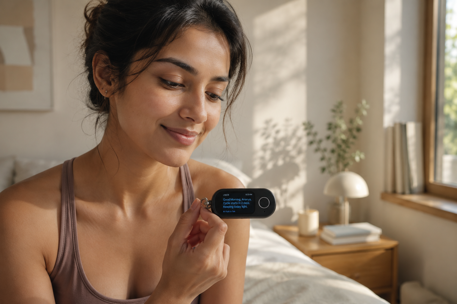 Woman checking a personalized morning wellness reminder on her Kyven device