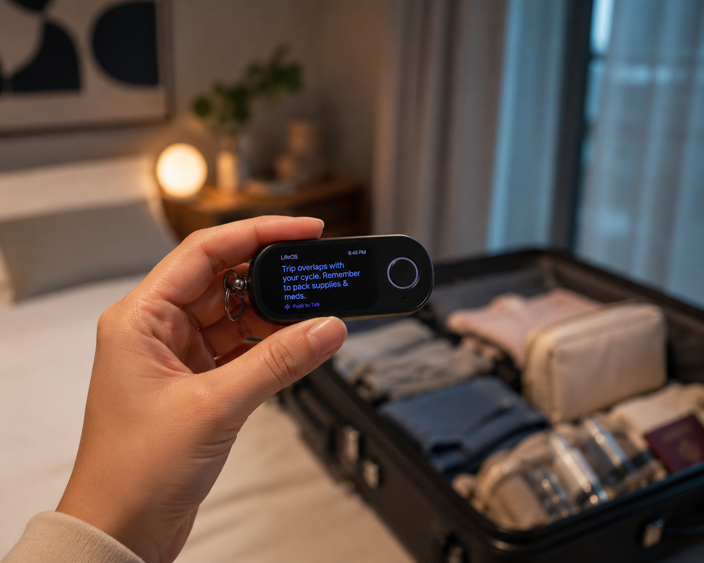 Hand holding a Kyven device over an open suitcase, reminding the owner to pack supplies before a trip